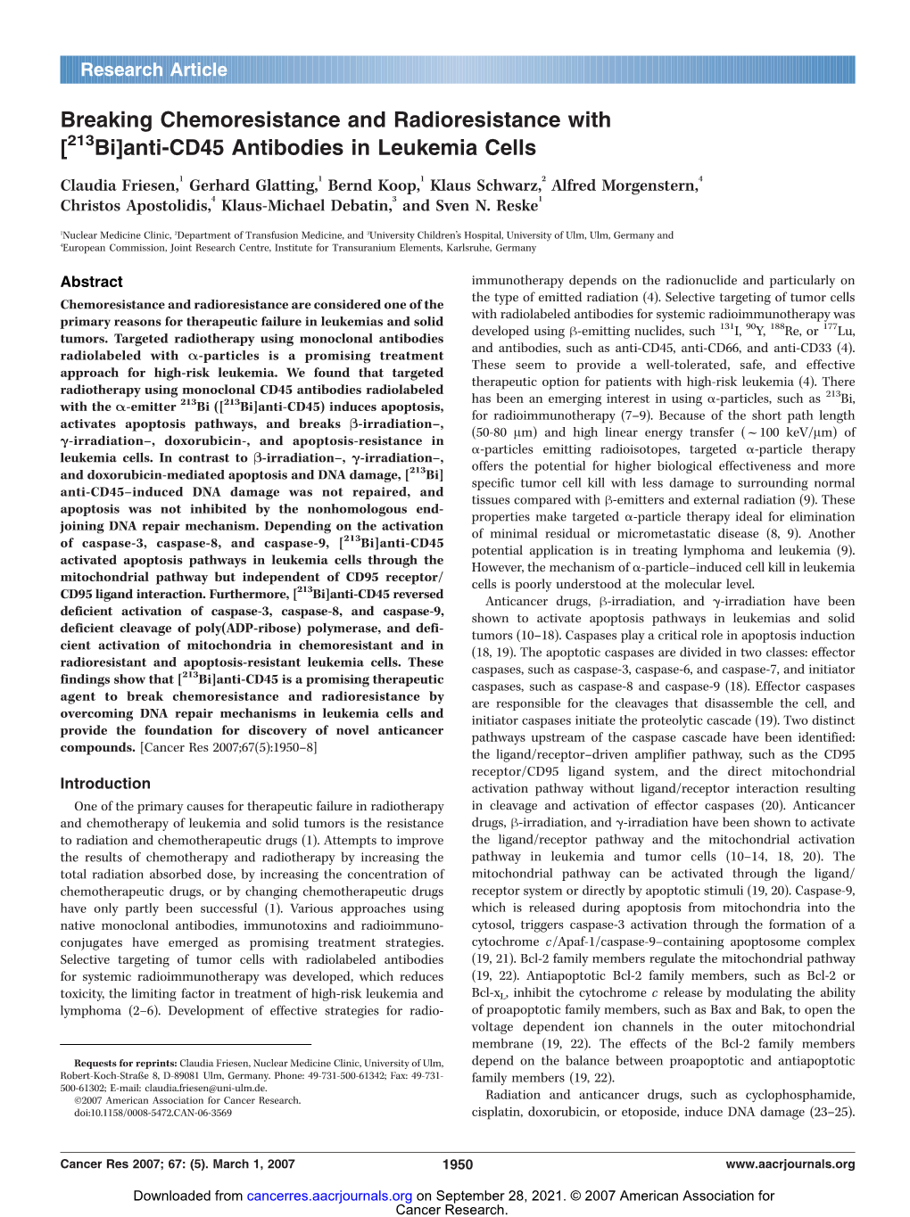 Breaking Chemoresistance and Radioresistance with [213Bi]Anti-CD45 Antibodies in Leukemia Cells