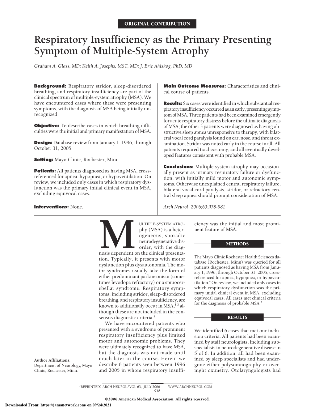 Respiratory Insufficiency As the Primary Presenting Symptom of Multiple-System Atrophy