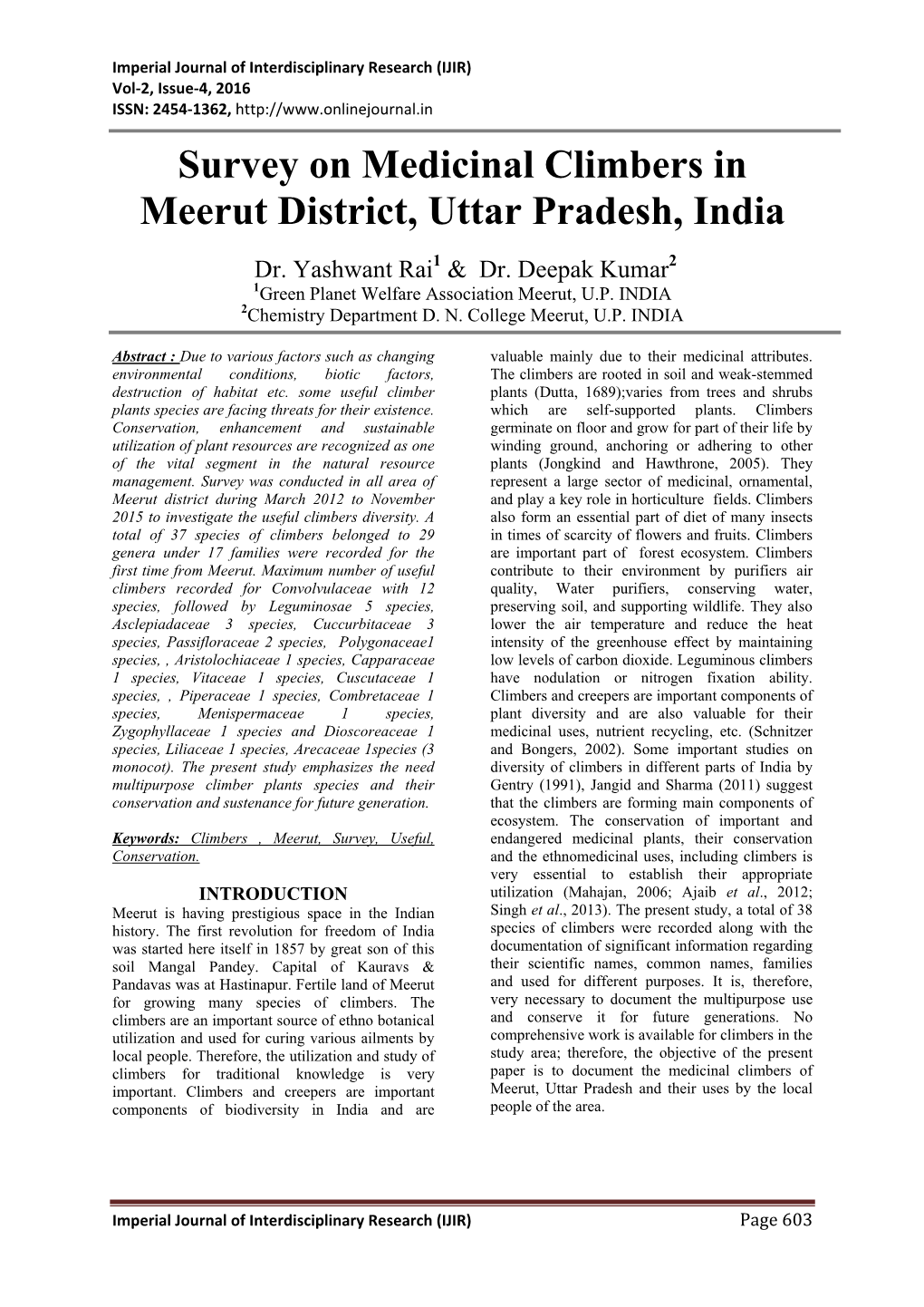 Survey on Medicinal Climbers in Meerut District, Uttar Pradesh, India