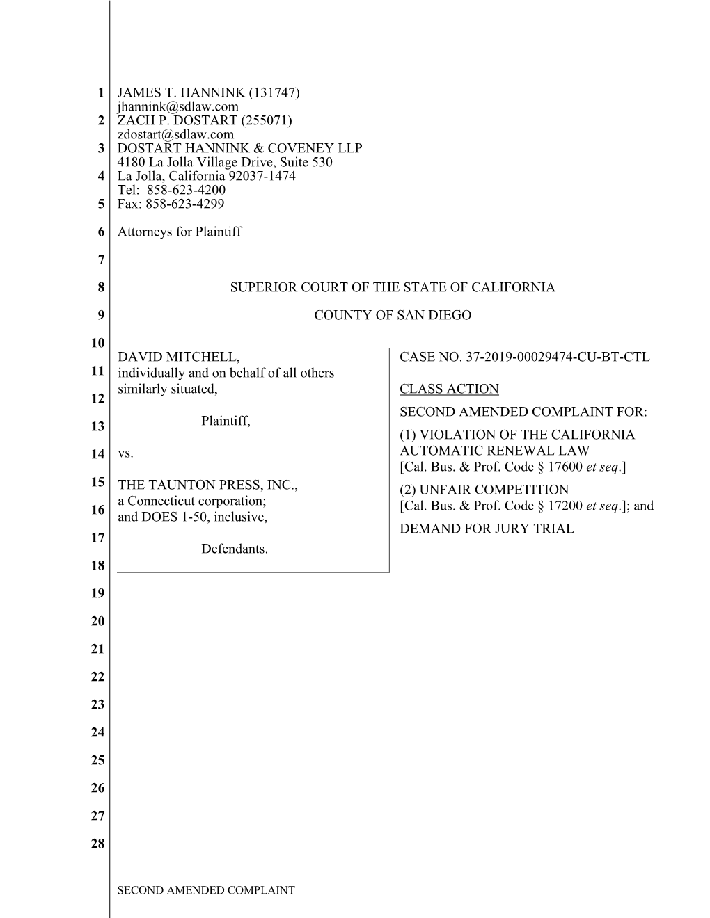 SECOND AMENDED COMPLAINT FOR: 13 Plaintiff, (1) VIOLATION of the CALIFORNIA 14 Vs