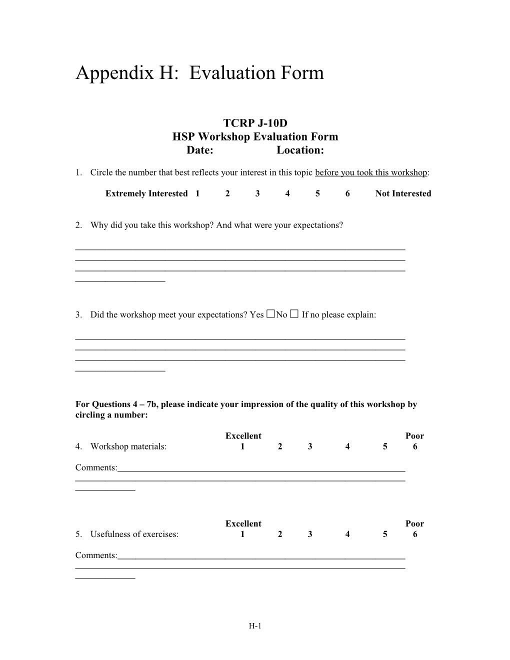 Appendix H: Evaluation Form