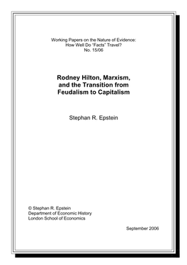 Rodney Hilton, Marxism, and the Transition from Feudalism to Capitalism