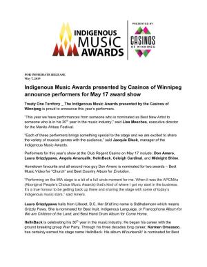 Indigenous Music Awards Presented by Casinos of Winnipeg Announce Performers for May 17 Award Show