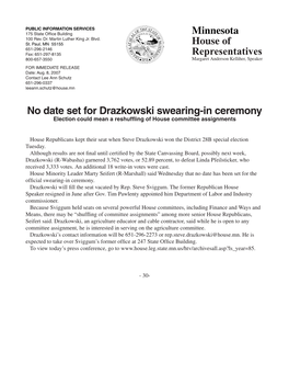 Minnesota House of Representatives No Date Set for Drazkowski