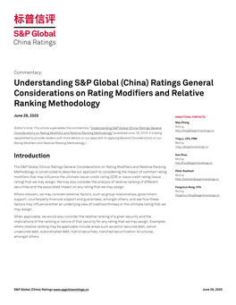 Understanding S&P Global (China) Ratings General Considerations On