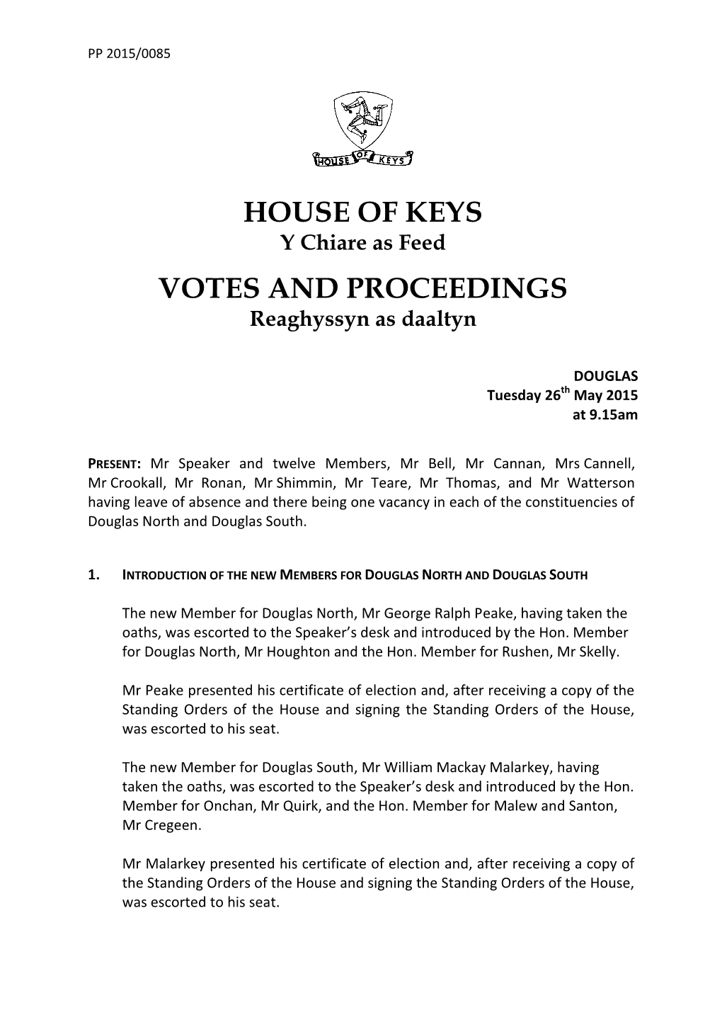 House of Keys Votes and Proceedings