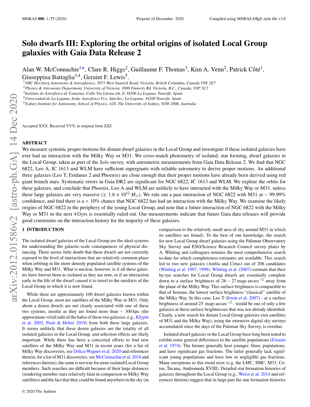 Arxiv:2012.01586V2 [Astro-Ph.GA] 14 Dec 2020 the Local Group, Most Are Satellites of the Milky Way Or M31