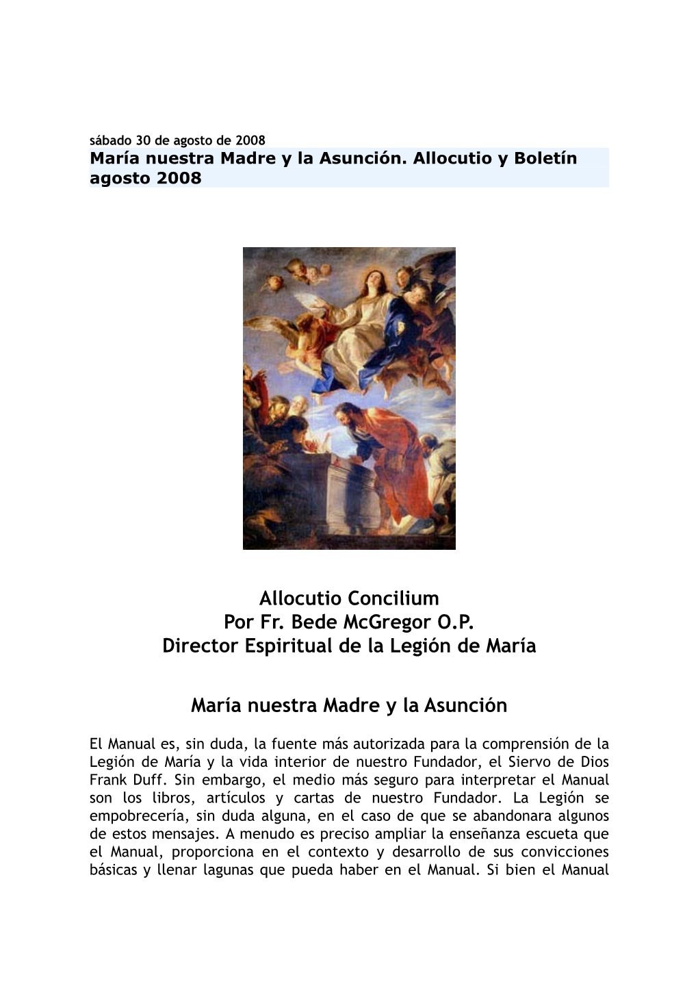 Allocutio Concilium Por Fr. Bede Mcgregor O.P. Director Espiritual De La Legión De María