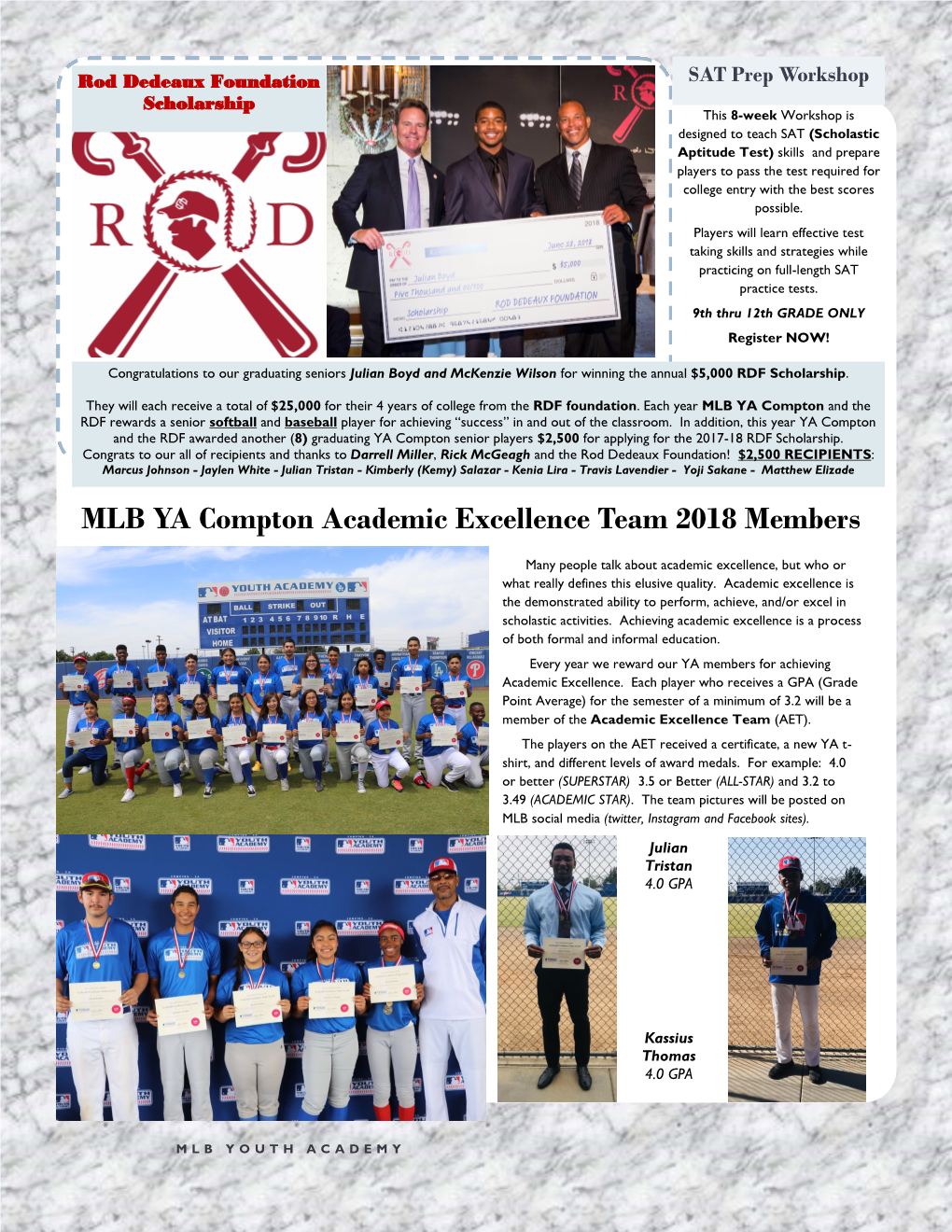 MLB YA Compton Academic Excellence Team 2018 Members