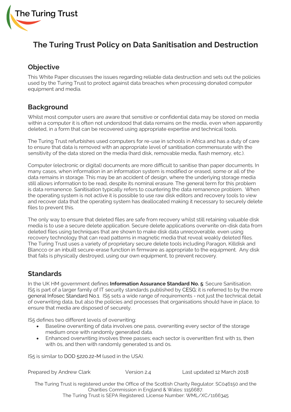 The Turing Trust Policy on Data Sanitisation and Destruction