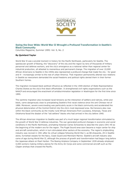 Swing the Door Wide: World War II Wrought a Profound Transformation in Seattle’S Black Community Columbia Magazine, Summer 1995: Vol