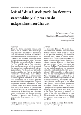 Más Allá De La Historia Patria: Las Fronteras Construidas Y El Proceso De Independencia En Charcas