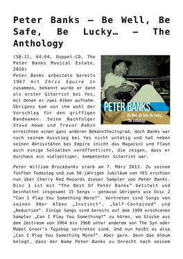 Peter Banks – Be Well, Be Safe, Be Lucky… – the Anthology