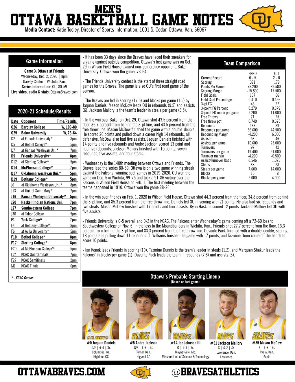 OTTAWA BASKETBALL GAME NOTES Media Contact: Katie Tooley, Director of Sports Information, 1001 S