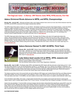 New England Aztec – a History: 2007 Boston Aztec WPSL, NPSL Seasons, Part One Aztecs Divisional Rivals Advance to WPSL And