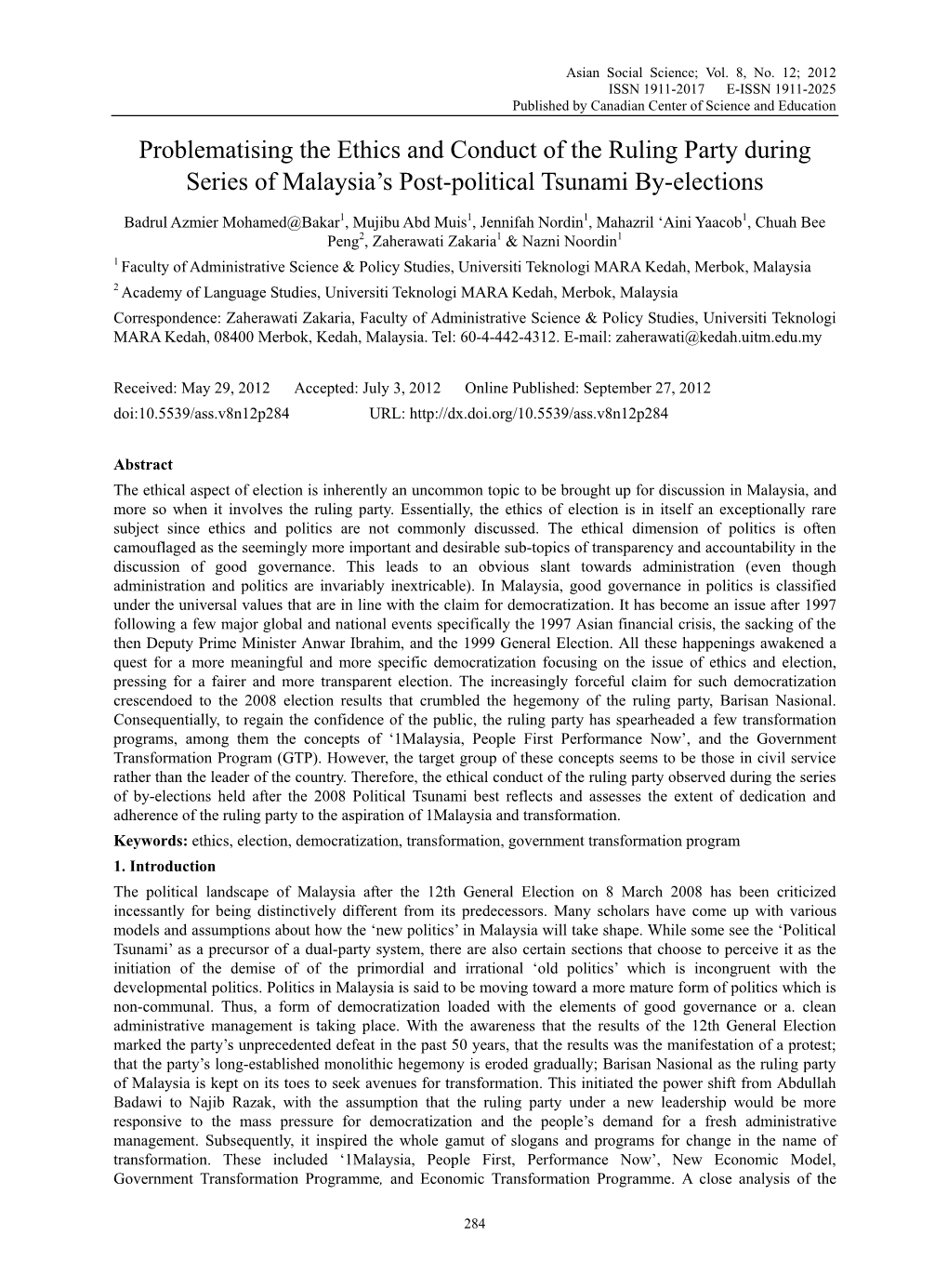 Problematising the Ethics and Conduct of the Ruling Party During Series of Malaysia’S Post-Political Tsunami By-Elections