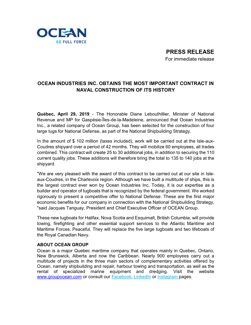 Press Release – Ocean Group