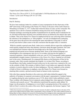 Virginia Synod Luther Studies 2016-17 the Ninety Five Theses (LW 31: 25-33) and Luther's 1545 Recollection in the Preface to V