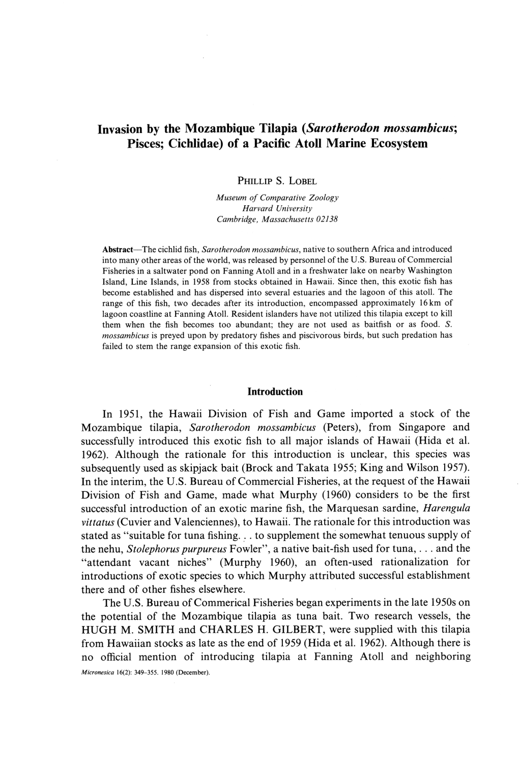 Invasion by the Mozambique Tilapia (Sarotherodon Mossambicus; Pisces; Cichlidae) of a Pacific Atoll Marine Ecosystem