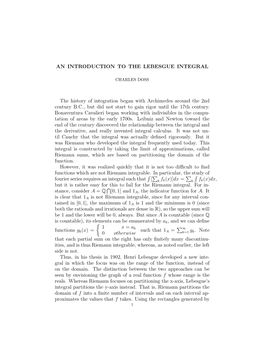 AN INTRODUCTION to the LEBESGUE INTEGRAL the History