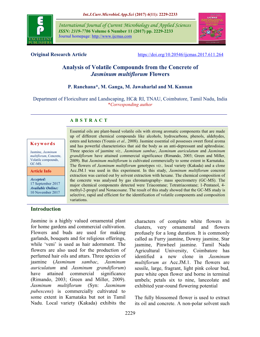 Analysis of Volatile Compounds from the Concrete of Jasminum Multiflorum Flowers