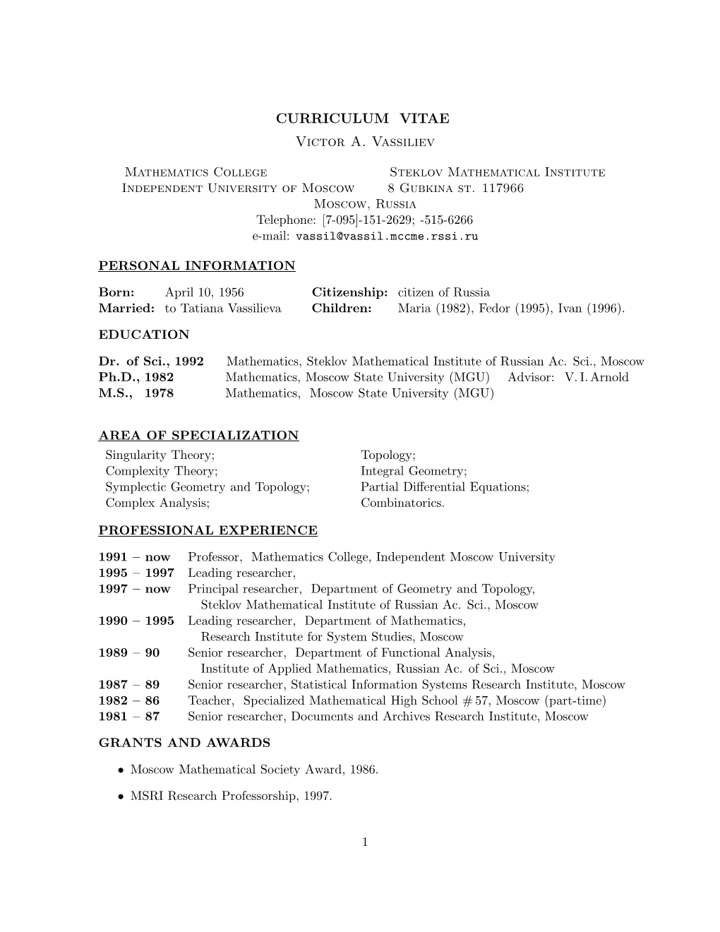 CURRICULUM VITAE Victor A. Vassiliev