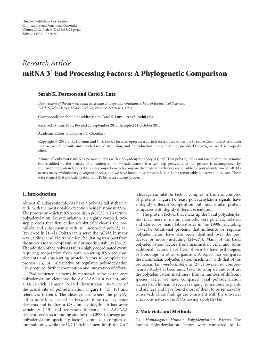 Mrna 3 End Processing Factors: a Phylogenetic Comparison