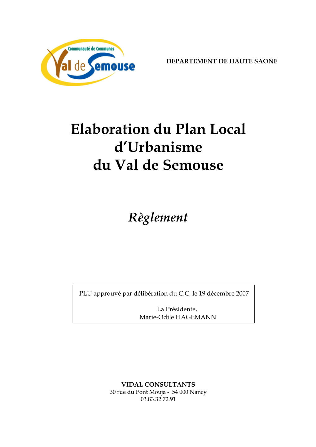 Elaboration Du Plan Local D'urbanisme Du Val De