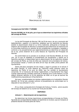 Consejería De CULTURA Y TURISMO Decreto 66/2008, De 16 De Julio