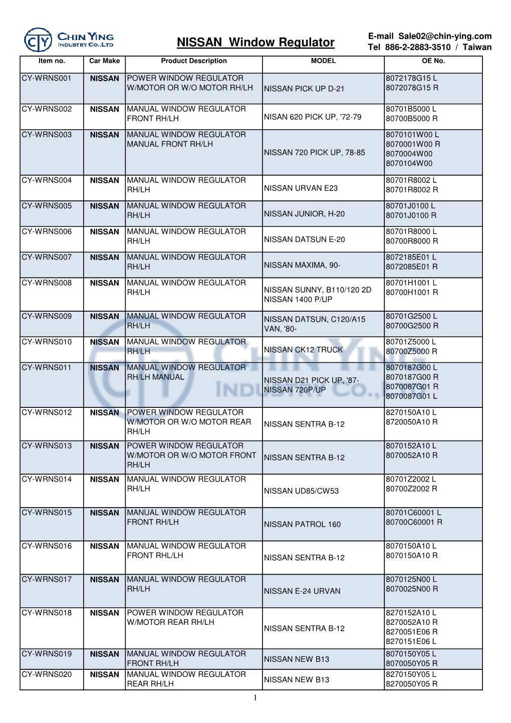 NISSAN Window Regulator Tel 886-2-2883-3510 / Taiwan Item No