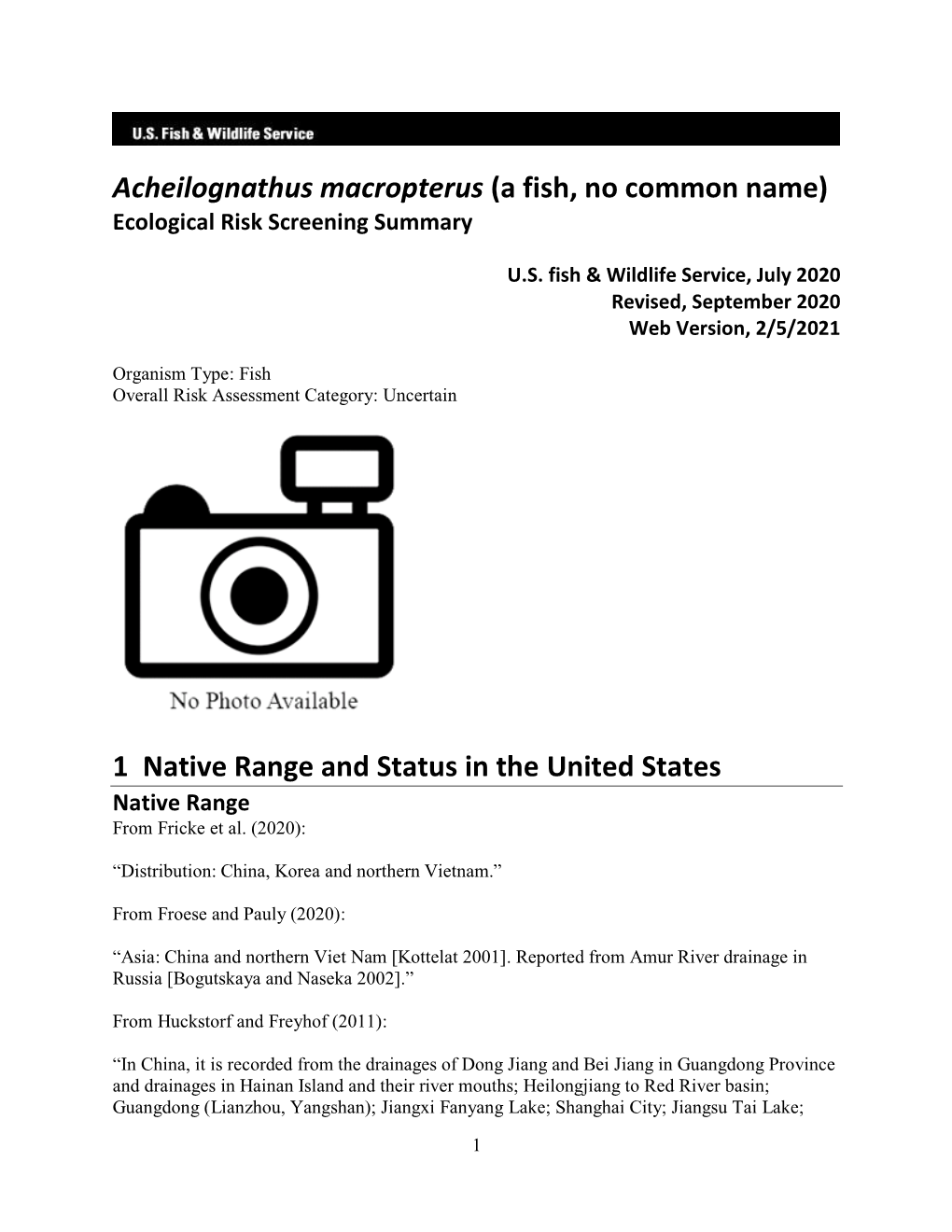 Acheilognathus Macropterus (A Fish, No Common Name) Ecological Risk Screening Summary