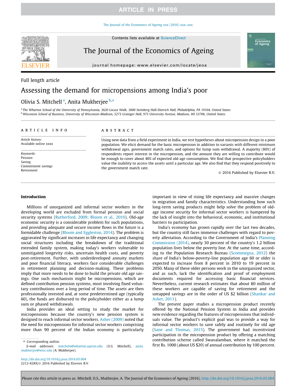 Assessing the Demand for Micropensions Among Indiaв€™S