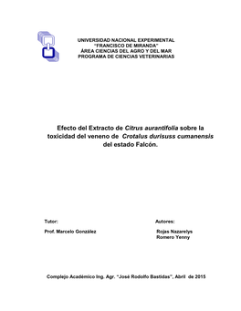 Efecto Del Extracto De Citrus Aurantifolia Sobre La Toxicidad Del Veneno De Crotalus Durisuss Cumanensis Del Estado Falcón