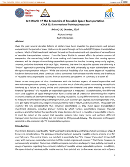 The Economics of Reusable Space Transportation ICEAA 2016 International Training Symposium Bristol, UK, October, 2016 Richard Webb KAR Enterprises Abstract