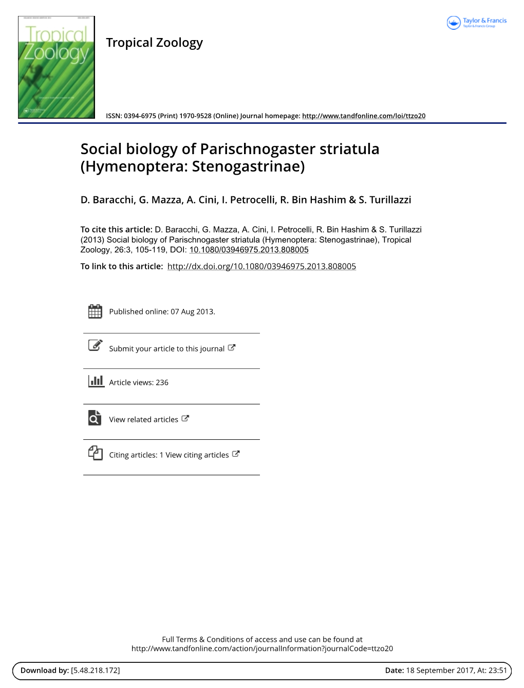 Social Biology of Parischnogaster Striatula (Hymenoptera: Stenogastrinae)