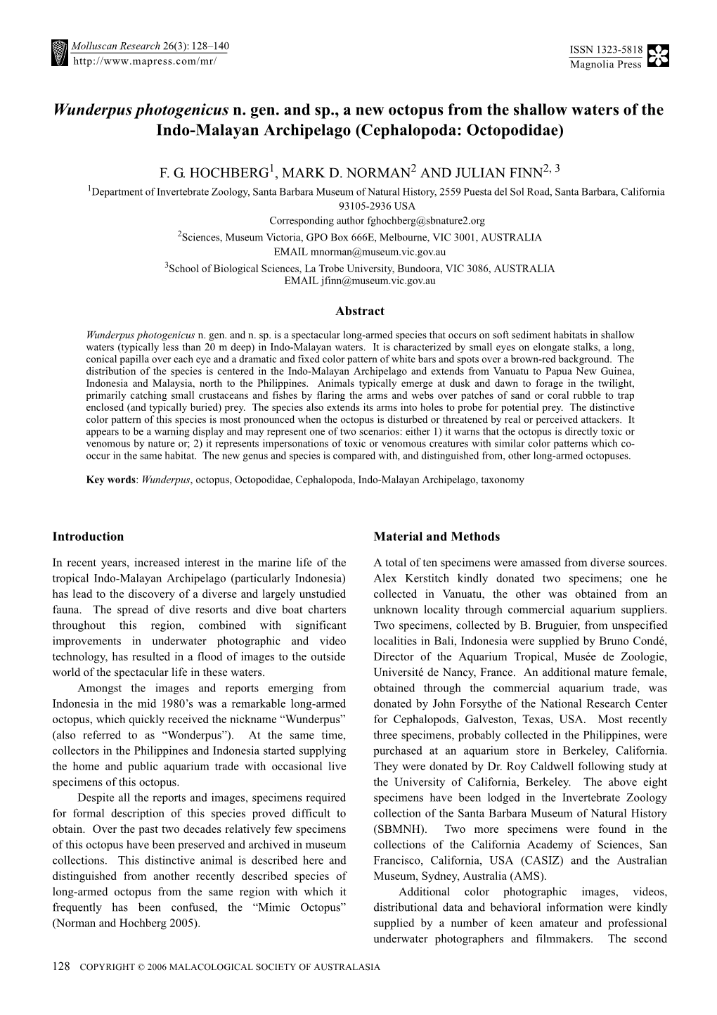 Molluscan Research: Wunderpus Photogenicus N. Gen. And