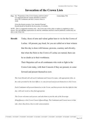 Invocation of the Crown Lists – 5 Pages Invocation of the Crown Lists