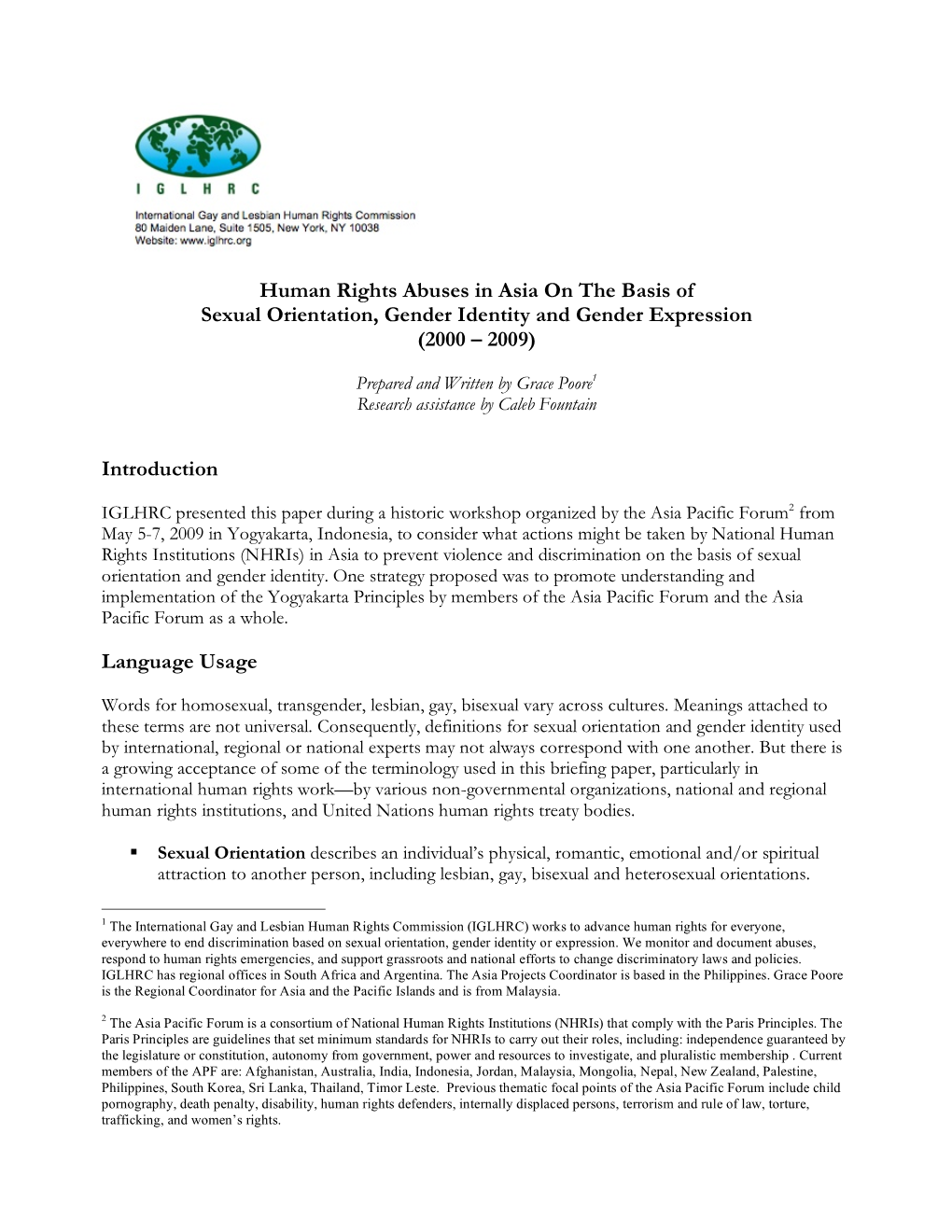 Human Rights Abuses in Asia on the Basis of Sexual Orientation, Gender Identity and Gender Expression (2000 – 2009)