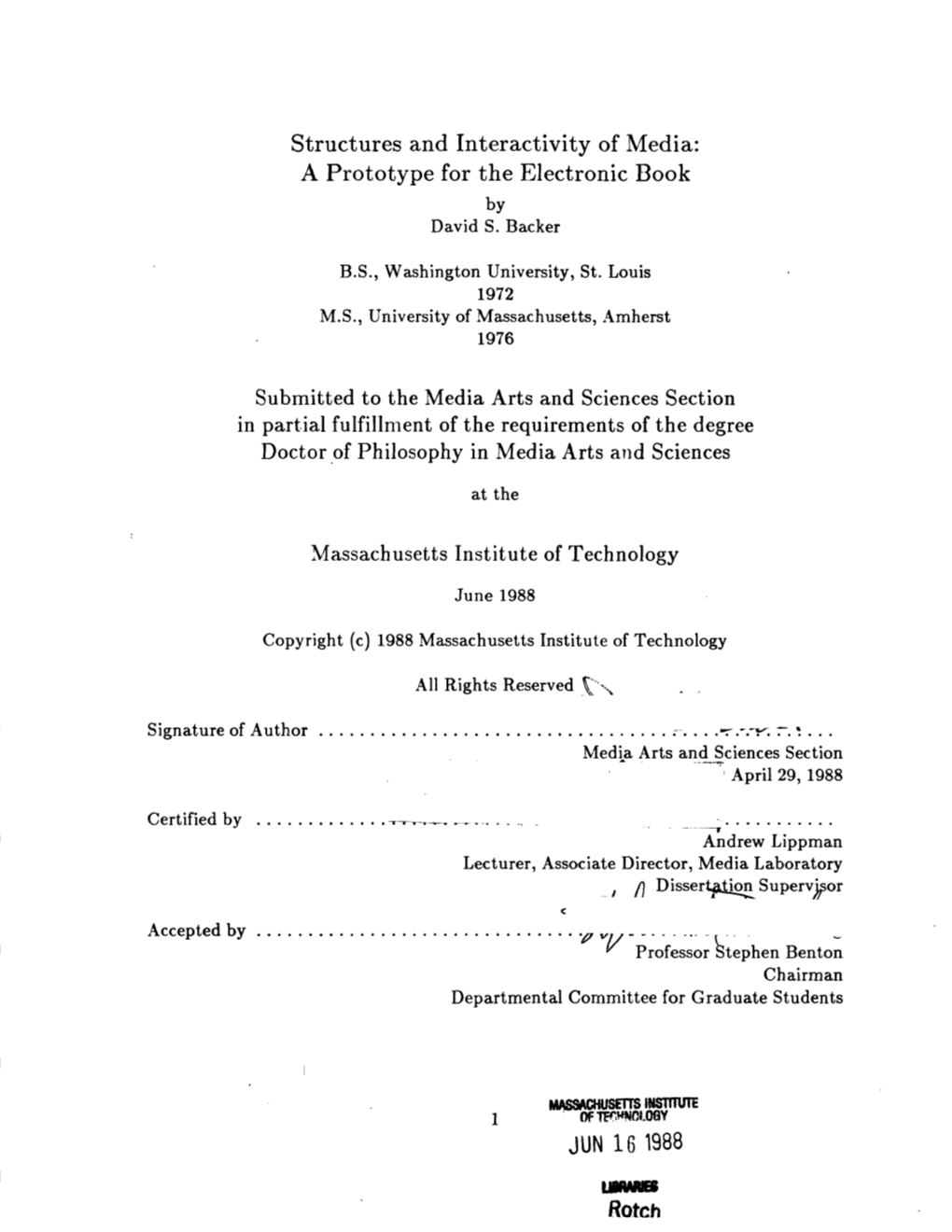 Ussw Rotch Structures and Interactivity in Media: a Prototype for the Electronic Book by David S