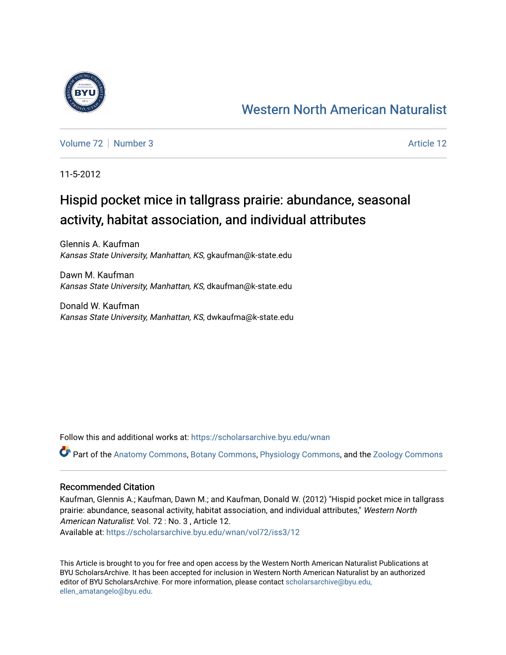 Hispid Pocket Mice in Tallgrass Prairie: Abundance, Seasonal Activity, Habitat Association, and Individual Attributes