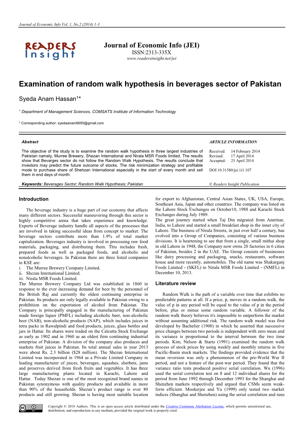 Examination of Random Walk Hypothesis in Beverages Sector of Pakistan