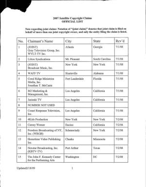 2007 Satellite Copyright Claims OFFICIAL LIST
