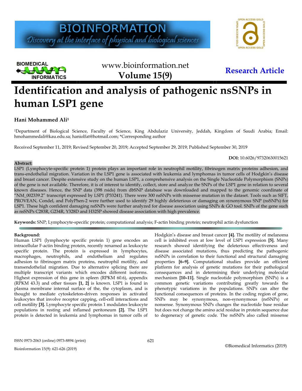Identification and Analysis of Pathogenic Nssnps in Human LSP1 Gene