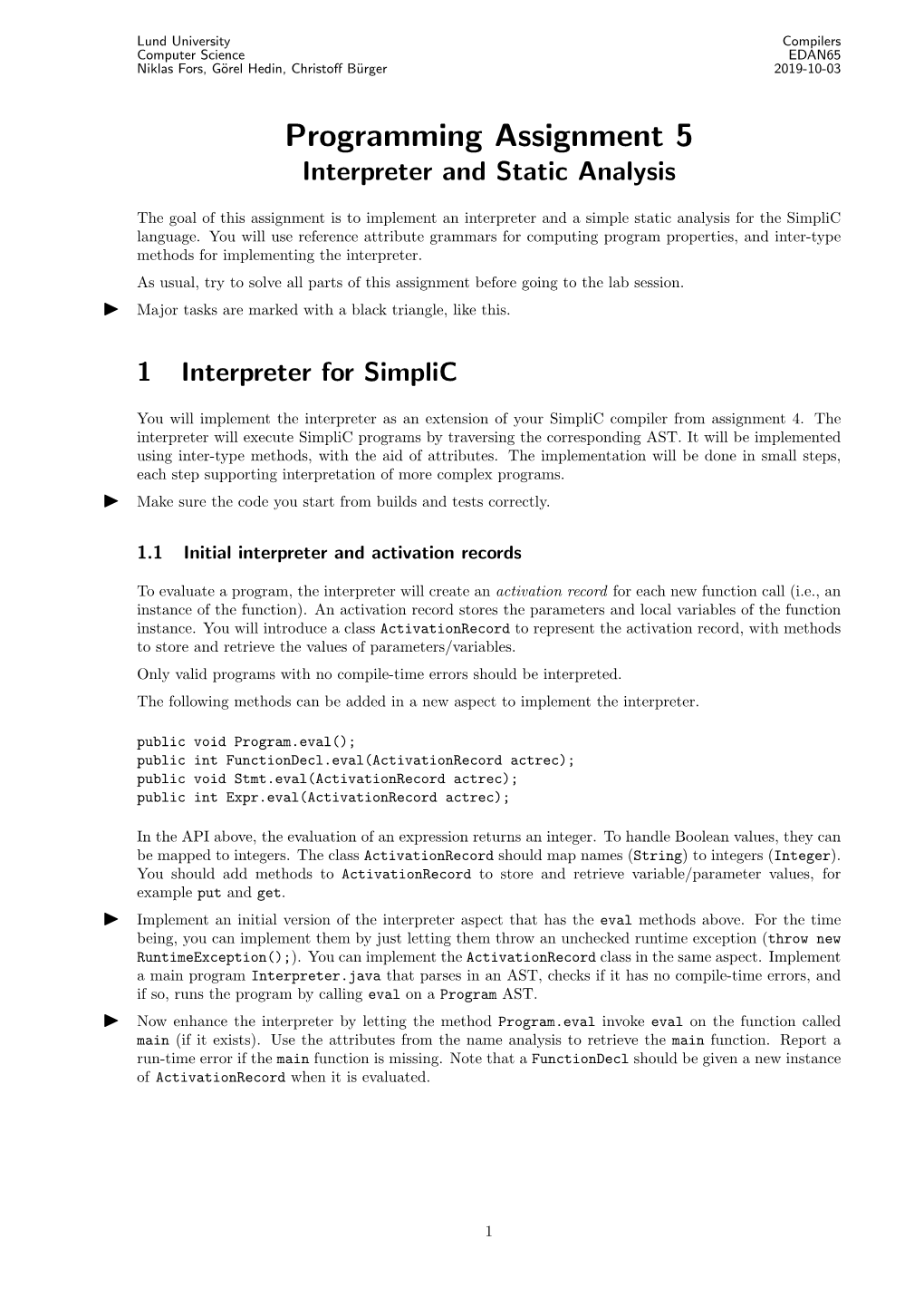 Programming Assignment 5 Interpreter and Static Analysis