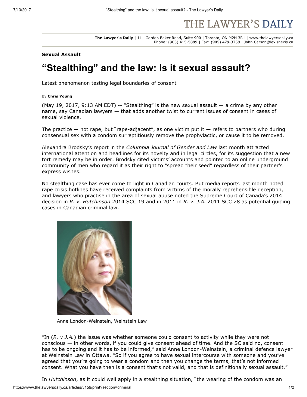 “Stealthing” and the Law: Is It Sexual Assault? - the Lawyer's Daily