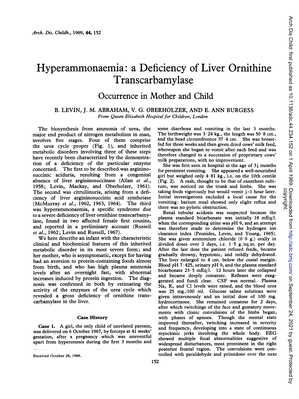 Hyperammonaemia: a Deficiency of Liver Ornithine Transcarbamylase Occurrence in Mother and Child B