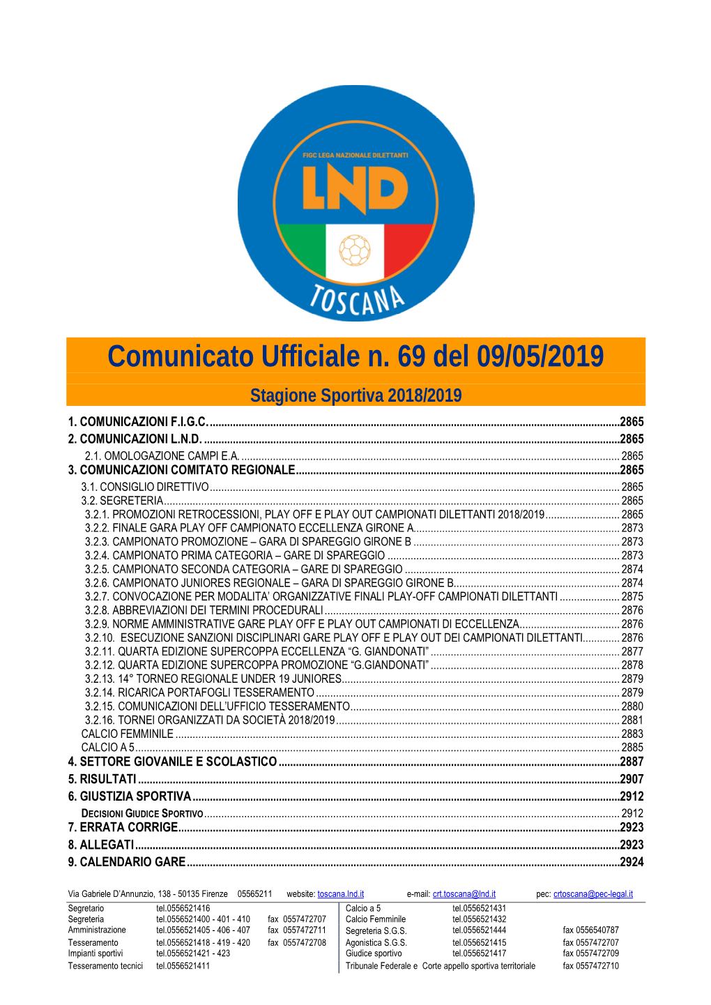 Comunicato Ufficiale N. 69 Del 09/05/2019