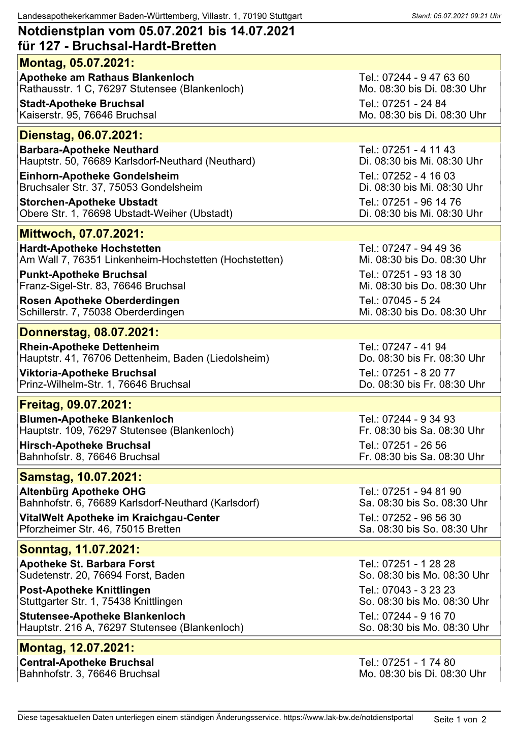 Notdienstplan Vom 05.07.2021 Bis 14.07.2021 Für 127 - Bruchsal-Hardt-Bretten Montag, 05.07.2021: Apotheke Am Rathaus Blankenloch Tel.: 07244 - 9 47 63 60 Rathausstr