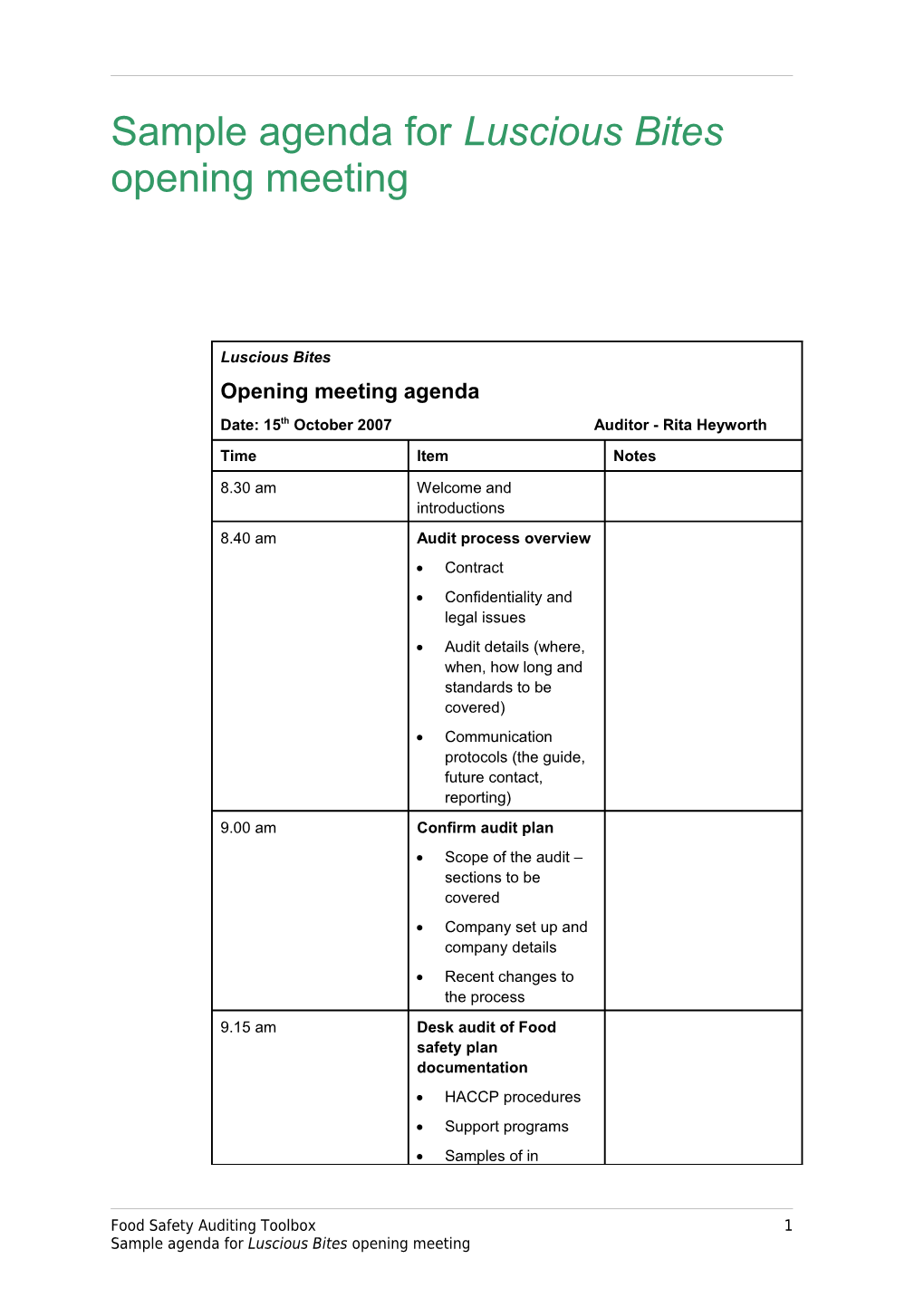 Sample Agenda for Luscious Bites Opening Meeting