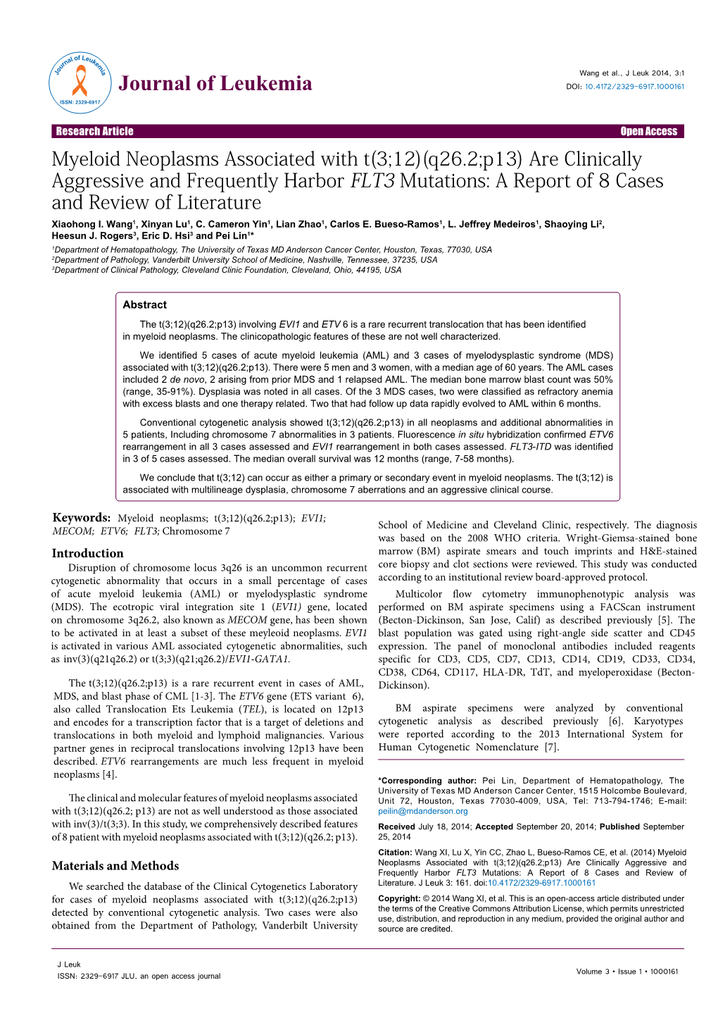 Myeloid Neoplasms Associated with T(3;12)(Q26.2;P13)